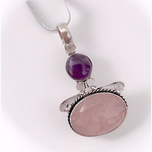 925 Sterling Silver Amethyst Rose Quartz angel Necklace Gemstone womens jewelry